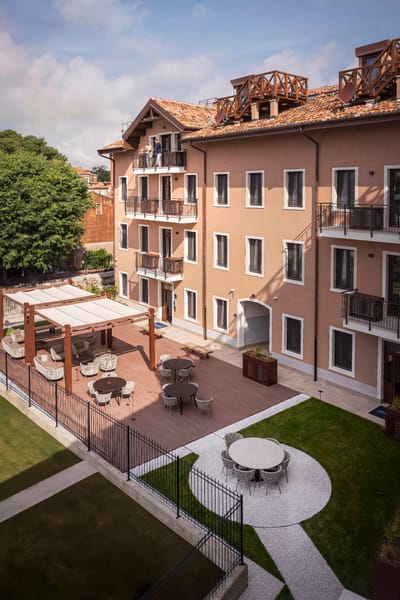 Aerial view of the garden and exterior of Palazzo dei Guardiani