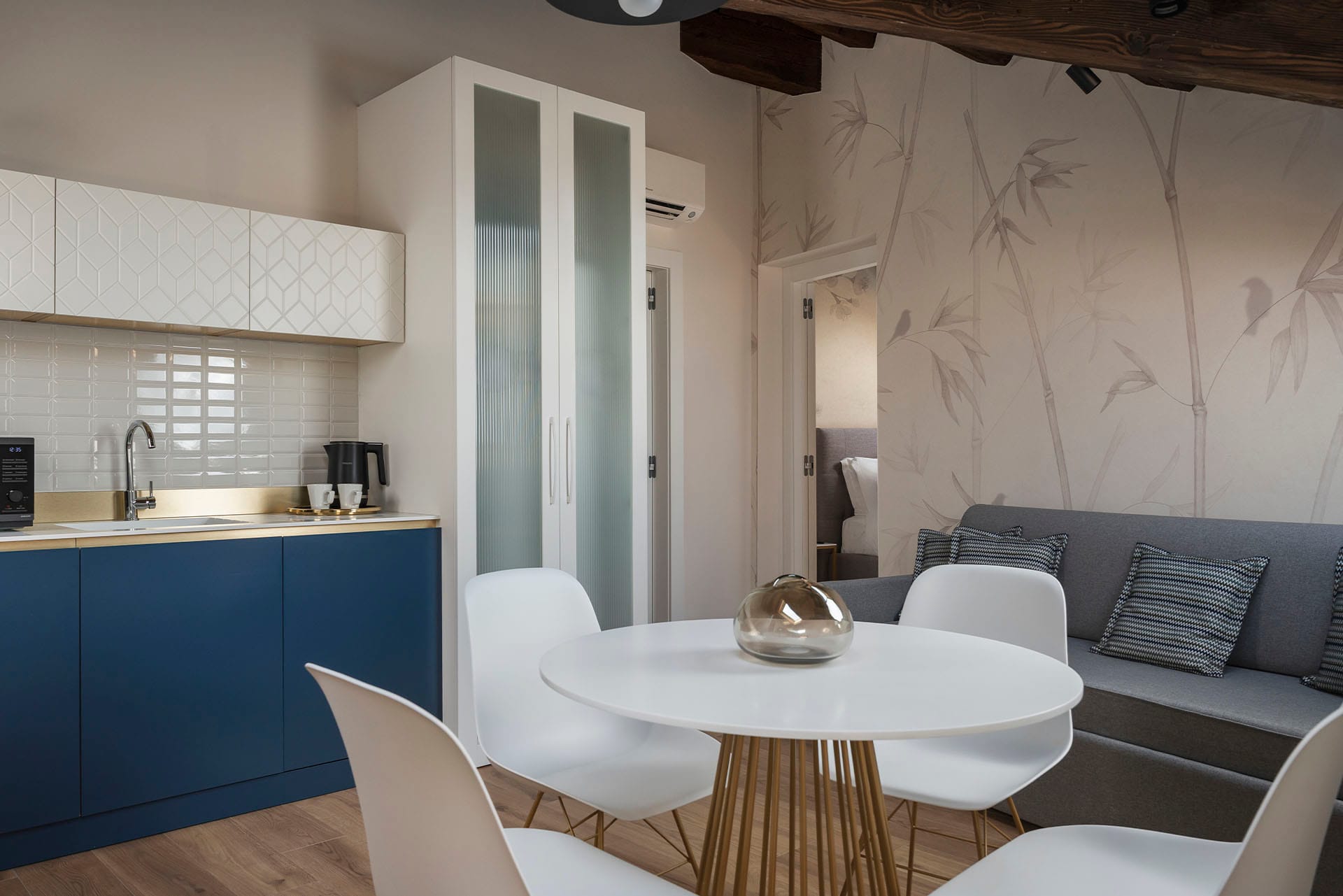 Detailed view of the kitchen and living area with air conditioning in the Standard Apartment